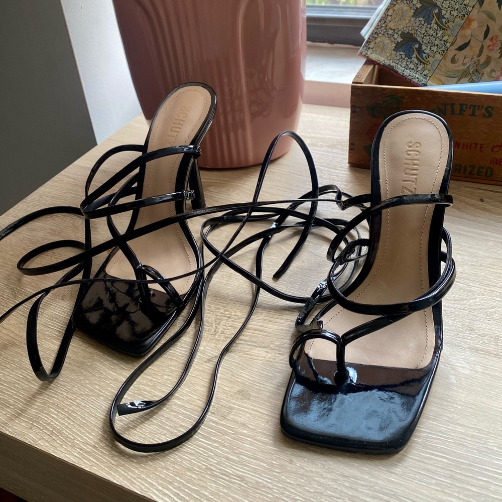 Schutz Lace Up Black Patent Heels